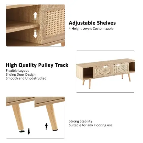 55.12 Rattan Tv Cabinet, Double Sliding Doors For Storage, Adjustable Shelf, Solid Wood Legs, Tv Console For Living Room ,natural 17