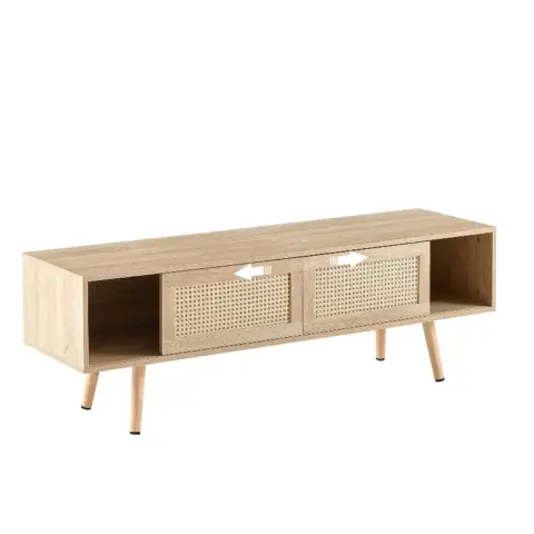 55.12 Rattan Tv Cabinet, Double Sliding Doors For Storage, Adjustable Shelf, Solid Wood Legs, Tv Console For Living Room ,natural 18
