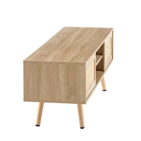 55.12 Rattan Tv Cabinet, Double Sliding Doors For Storage, Adjustable Shelf, Solid Wood Legs, Tv Console For Living Room ,natural 2