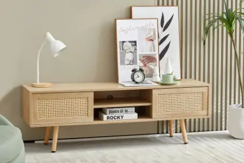 55.12 Rattan Tv Cabinet, Double Sliding Doors For Storage, Adjustable Shelf, Solid Wood Legs, Tv Console For Living Room ,natural