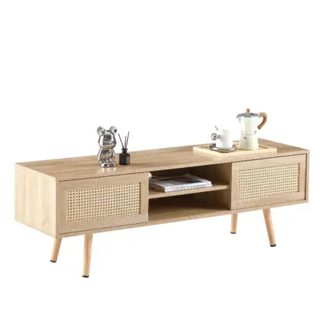 55.12 Rattan Tv Cabinet, Double Sliding Doors For Storage, Adjustable Shelf, Solid Wood Legs, Tv Console For Living Room ,natural 3