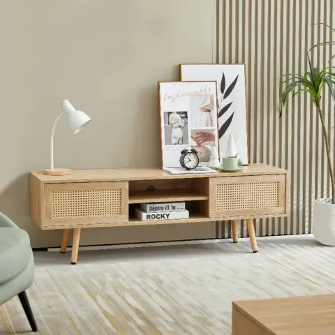 55.12 Rattan Tv Cabinet, Double Sliding Doors For Storage, Adjustable Shelf, Solid Wood Legs, Tv Console For Living Room ,natural 4
