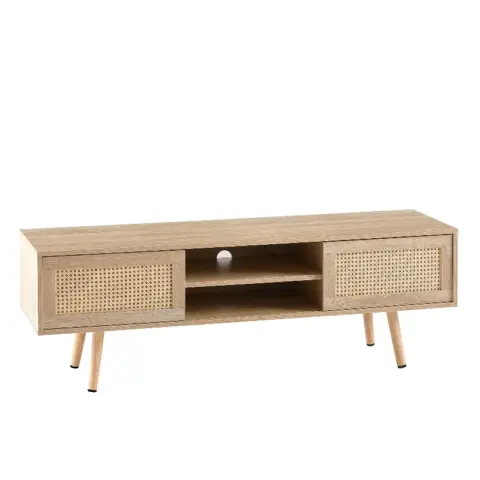55.12 Rattan Tv Cabinet, Double Sliding Doors For Storage, Adjustable Shelf, Solid Wood Legs, Tv Console For Living Room ,natural 5