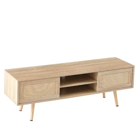 55.12 Rattan Tv Cabinet, Double Sliding Doors For Storage, Adjustable Shelf, Solid Wood Legs, Tv Console For Living Room ,natural 6