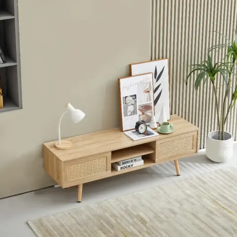 55.12 Rattan Tv Cabinet, Double Sliding Doors For Storage, Adjustable Shelf, Solid Wood Legs, Tv Console For Living Room ,natural 9