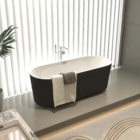 59 Acrylic Freestanding Bathtub With Unique Pleated Design Spacious Oval Shape, Gloss Black Finish, Chrome Overflow & Pop Up Drain 10
