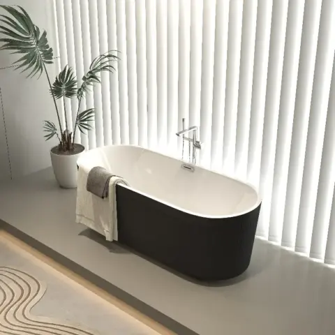 59 Acrylic Freestanding Bathtub With Unique Pleated Design Spacious Oval Shape, Gloss Black Finish, Chrome Overflow & Pop Up Drain 7