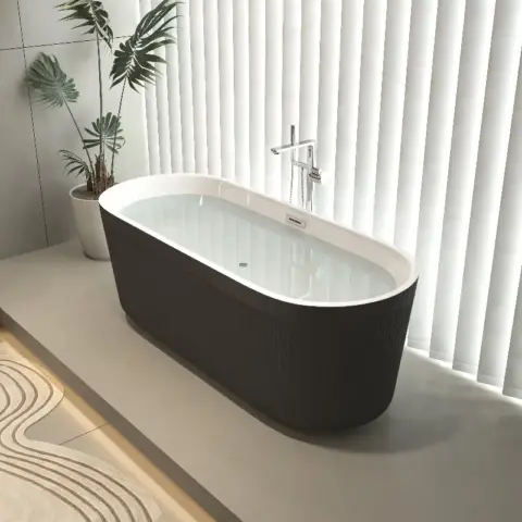 59 Acrylic Freestanding Bathtub With Unique Pleated Design Spacious Oval Shape, Gloss Black Finish, Chrome Overflow & Pop Up Drain 8
