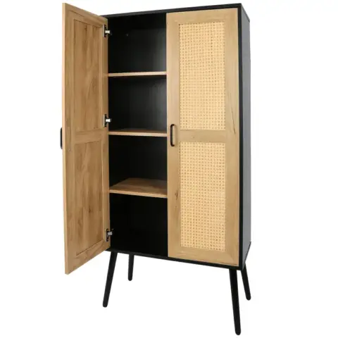 59'' Tall Rustic Farmhouse Storage Cabinet with Shelf Wide Countertop Wooden Bedroom Living Room Kitchen Furniture with Rattan Design Nature Color