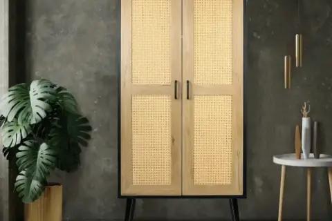 59'' Tall Rustic Farmhouse Storage Cabinet With Shelf Wide Countertop Wooden Bedroom Living Room Kitchen Furniture With Rattan Design Nature Color