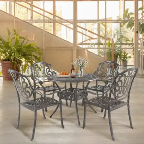 5PCS Outdoor Furniture Dining Table Set All-Weather Cast Aluminum Patio Furniture Includes 1 Round Table and 4 Chairs with Umbrella Hole for Garden
