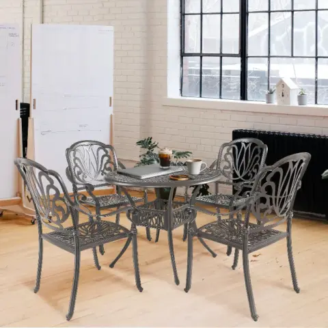 5PCS Outdoor Furniture Dining Table Set All-Weather Cast Aluminum Patio Furniture Includes 1 Round Table and 4 Chairs with Umbrella Hole for Garden