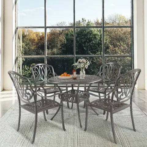 5PCS Outdoor Furniture Dining Table Set All-Weather Cast Aluminum Patio Furniture Includes 1 Round Table and 4 Chairs with Umbrella Hole for Garden