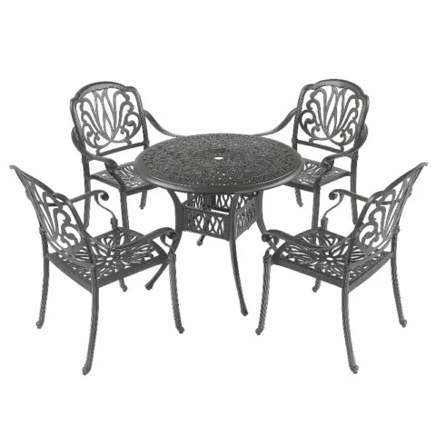 5PCS Outdoor Furniture Dining Table Set All-Weather Cast Aluminum Patio Furniture Includes 1 Round Table and 4 Chairs with Umbrella Hole for Garden