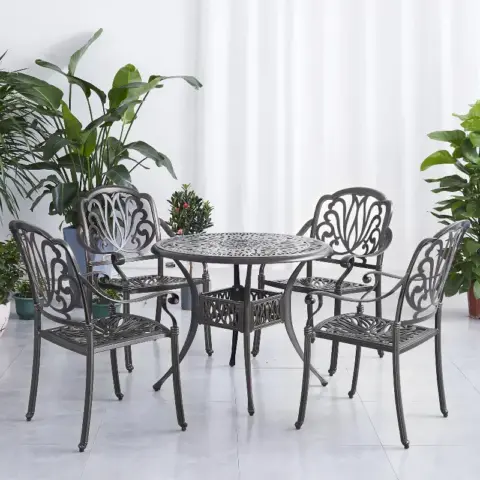 5PCS Outdoor Furniture Dining Table Set All-Weather Cast Aluminum Patio Furniture Includes 1 Round Table and 4 Chairs with Umbrella Hole for Garden
