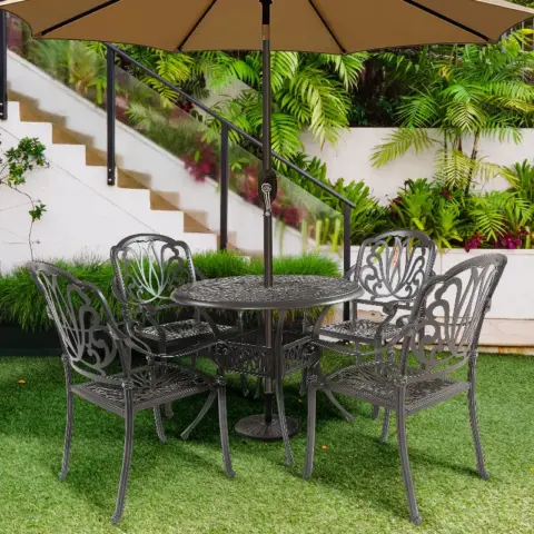 5PCS Outdoor Furniture Dining Table Set All-Weather Cast Aluminum Patio Furniture Includes 1 Round Table and 4 Chairs with Umbrella Hole for Garden