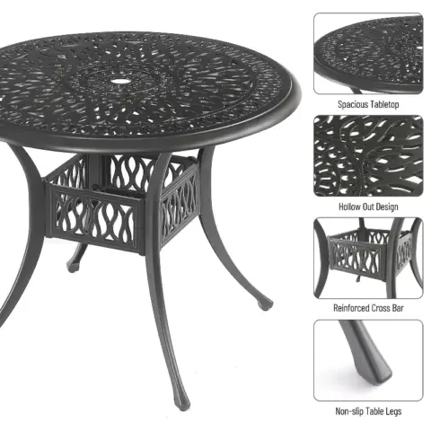 5PCS Outdoor Furniture Dining Table Set All-Weather Cast Aluminum Patio Furniture Includes 1 Round Table and 4 Chairs with Umbrella Hole for Garden