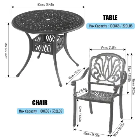 5PCS Outdoor Furniture Dining Table Set All-Weather Cast Aluminum Patio Furniture Includes 1 Round Table and 4 Chairs with Umbrella Hole for Garden