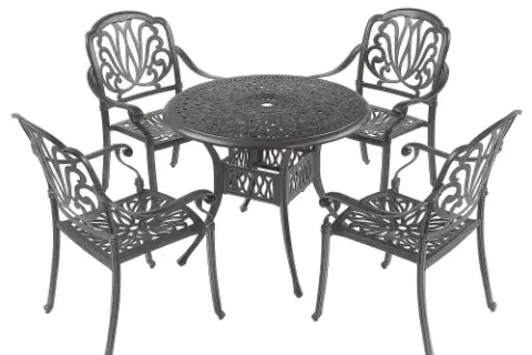 5pcs Outdoor Furniture Dining Table Set All Weather Cast Aluminum Patio Furniture Includes 1 Round Table And 4 Chairs With Umbrella Hole For Garden