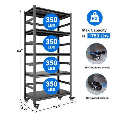 63h Storage Shelves Heavy Duty Metal Shelving Unit Adjustable 5 Tier Pantry Shelves With Wheels Load 1750lbs Kitchen Shelf Garage Storage 24