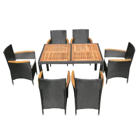 7 Piece Outdoor Patio Wicker Dining Set Patio Wicker Furniture Dining Set Wacacia Wood Top 1