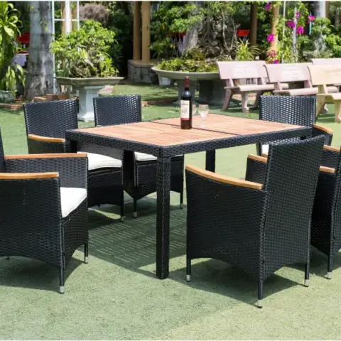 7 Piece Outdoor Patio Wicker Dining Set Patio Wicker Furniture Dining Set Wacacia Wood Top 13