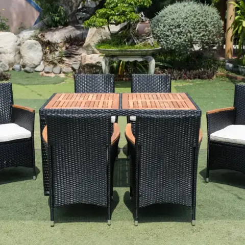 7 Piece Outdoor Patio Wicker Dining Set Patio Wicker Furniture Dining Set Wacacia Wood Top 17