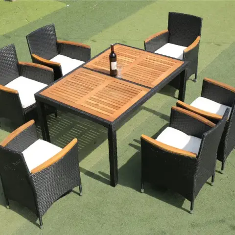 7 Piece Outdoor Patio Wicker Dining Set Patio Wicker Furniture Dining Set Wacacia Wood Top 22