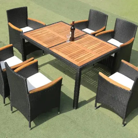 7 Piece Outdoor Patio Wicker Dining Set Patio Wicker Furniture Dining Set Wacacia Wood Top 23