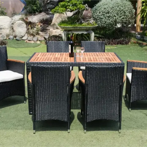 7 Piece Outdoor Patio Wicker Dining Set Patio Wicker Furniture Dining Set Wacacia Wood Top 6