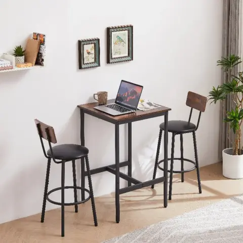 Bar Table Set With 2 Bar Stools Pu Soft Seat With Backrest, Rustic Brown 13