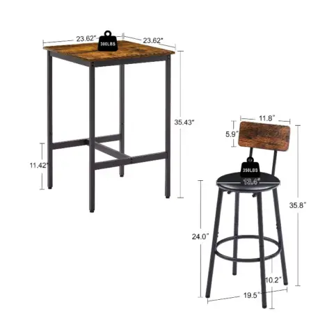 Bar Table Set With 2 Bar Stools Pu Soft Seat With Backrest, Rustic Brown 3