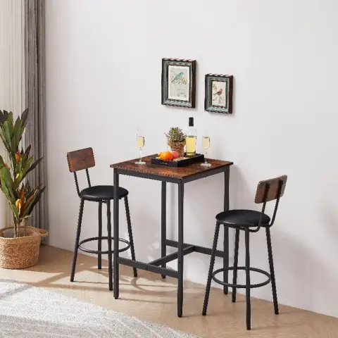 Bar Table Set With 2 Bar Stools Pu Soft Seat With Backrest, Rustic Brown 5