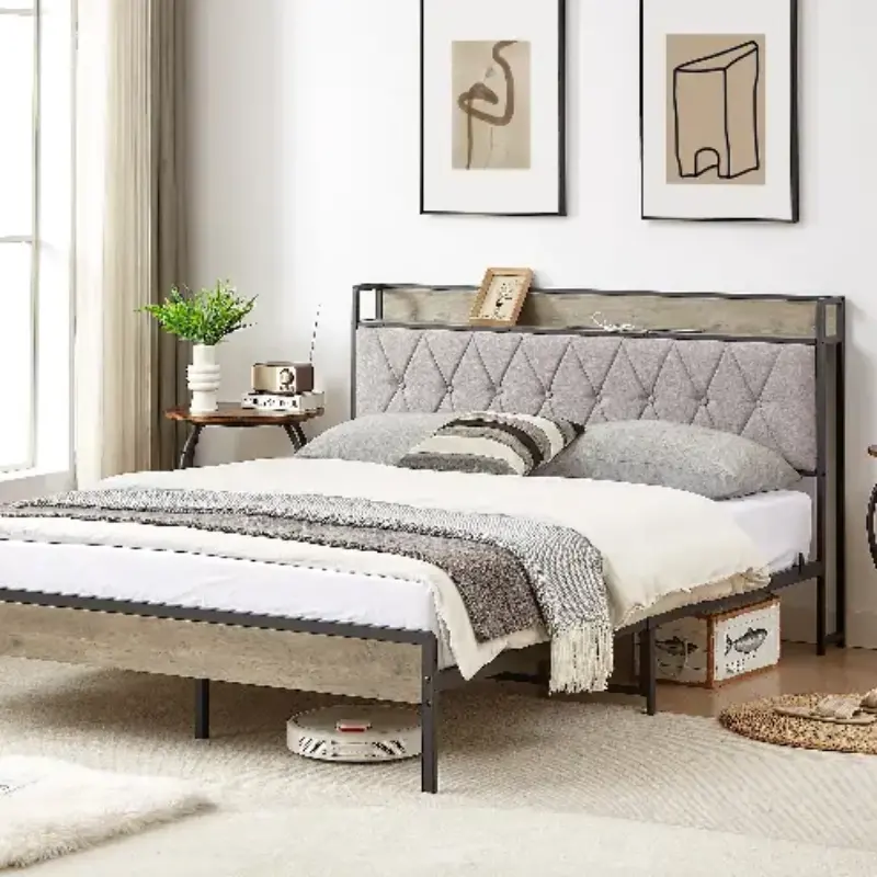 Bed frame with charging station Queen size,Grey, 87.8'' L x 61.8'' W x 39.2'' H