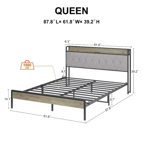 Bed Frame With Charging Station Queen Size,grey 4
