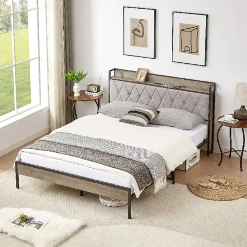 Bed Frame With Charging Station Queen Size,grey 6