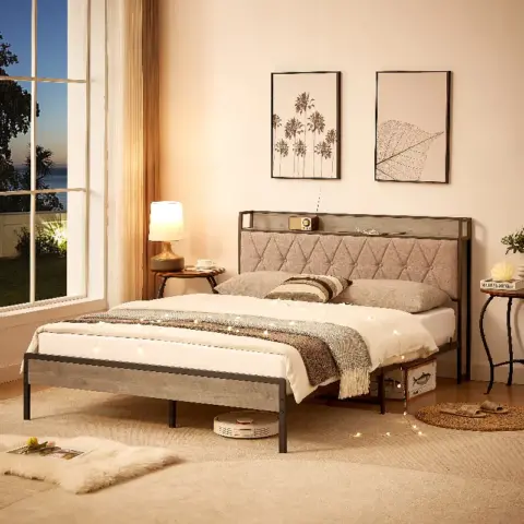 Bed Frame With Charging Station Queen Size,grey 8