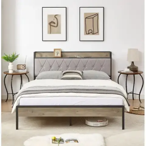 Bed frame with charging station Queen size,Grey, 87.8'' L x 61.8'' W x 39.2'' H