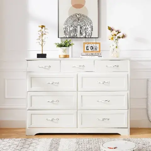Bedroom Dresser, 9 Drawer Long Dresser With Antique Handles, Wood Chest Of Drawers For Kids Room, Living Room, Entry And Hallway 4