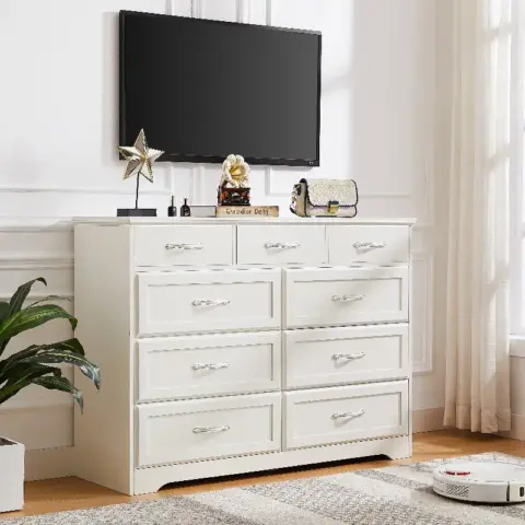 Bedroom Dresser, 9 Drawer Long Dresser With Antique Handles, Wood Chest Of Drawers For Kids Room, Living Room, Entry And Hallway 5