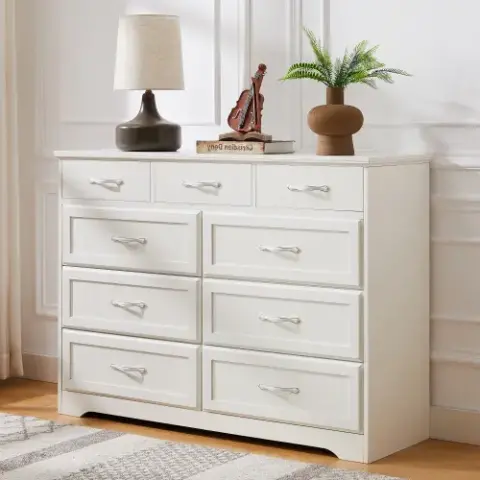 Bedroom dresser, 9 drawer long dresser with antique handles, wood chest of drawers for kids room, living room, entry and hallway, White