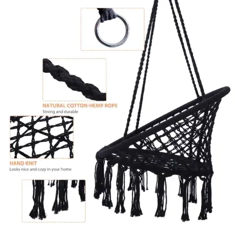 Black Swing,hammock Chair Macrame Swing,max 330 Lbs Hanging Cotton Rope Hammock Swing Chair For Indoor And Outdoor 4