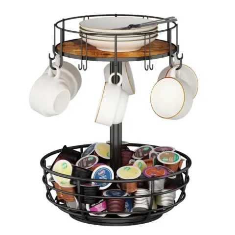 Carousel Coffee Pod Holder Basket, K Cup Organizer For Counter, Coffee Cup Organizer With 12 Mug Hooks, Mug Tree With Storage Basket, For Coffee Bar, Black 1