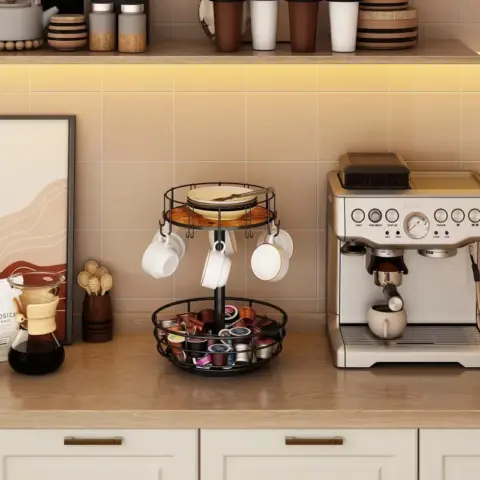 Carousel Coffee Pod Holder Basket, K Cup Organizer For Counter, Coffee Cup Organizer With 12 Mug Hooks, Mug Tree With Storage Basket, For Coffee Bar, Black 4