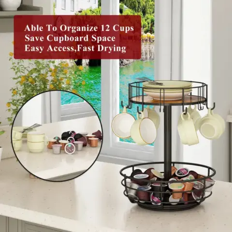 Carousel Coffee Pod Holder Basket, K Cup Organizer For Counter, Coffee Cup Organizer With 12 Mug Hooks, Mug Tree With Storage Basket, For Coffee Bar, Black 5