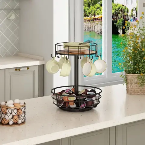 Carousel Coffee Pod Holder Basket, K Cup Organizer For Counter, Coffee Cup Organizer With 12 Mug Hooks, Mug Tree With Storage Basket, For Coffee Bar, Black 6