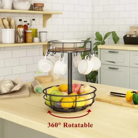 Carousel Coffee Pod Holder Basket, K Cup Organizer For Counter, Coffee Cup Organizer With 12 Mug Hooks, Mug Tree With Storage Basket, For Coffee Bar, Black 9