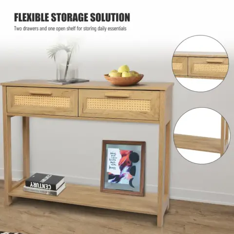 Console Table With 2 Drawers, Sofa Table, Entryway Table With Open Storage Shelf, Narrow Accent Table With Rattan Design For Living Roomentryway 10