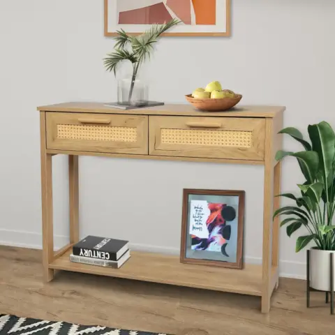 Console Table With 2 Drawers, Sofa Table, Entryway Table With Open Storage Shelf, Narrow Accent Table With Rattan Design For Living Roomentryway 11