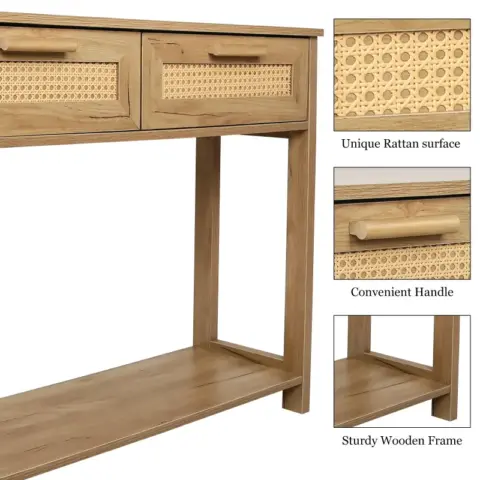 Console Table With 2 Drawers, Sofa Table, Entryway Table With Open Storage Shelf, Narrow Accent Table With Rattan Design For Living Roomentryway 2